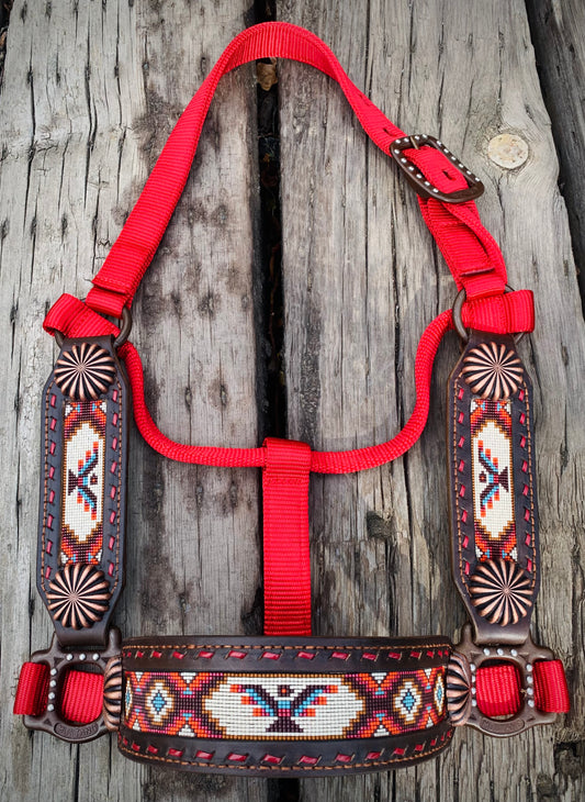 Beaded Horse Halter - Ready to Ship Today! Featuring Dark Brown, Brick Red, Sienna, Denim Blue, Rust Orange and Cream Beads