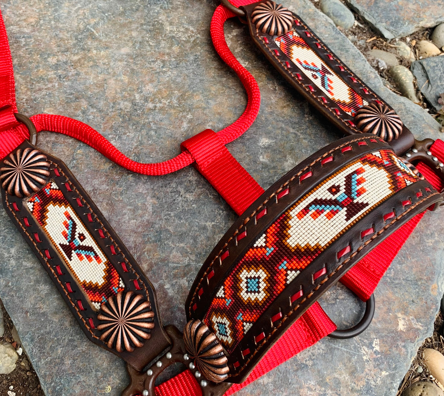 Beaded Horse Halter - Ready to Ship Today! Featuring Dark Brown, Brick Red, Sienna, Denim Blue, Rust Orange and Cream Beads