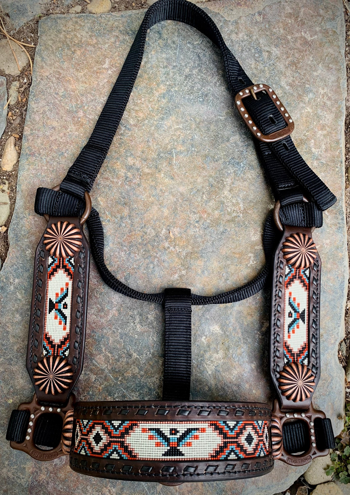 Beaded Horse Halter - Ready to Ship Today! Featuring Copper, Denim Blue, Rust Orange, Off White and Black Beads