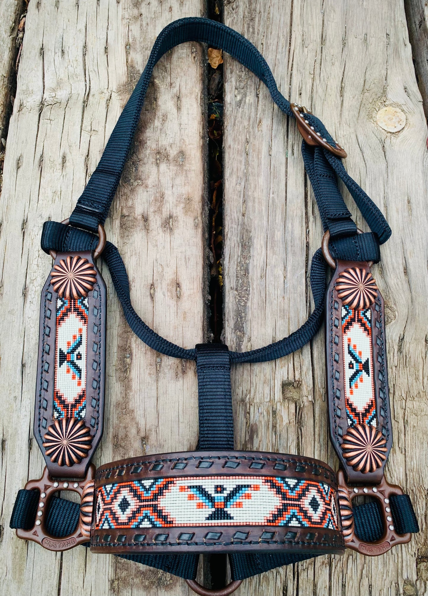 Beaded Horse Halter - Ready to Ship Today! Featuring Copper, Denim Blue, Rust Orange, Off White and Black Beads