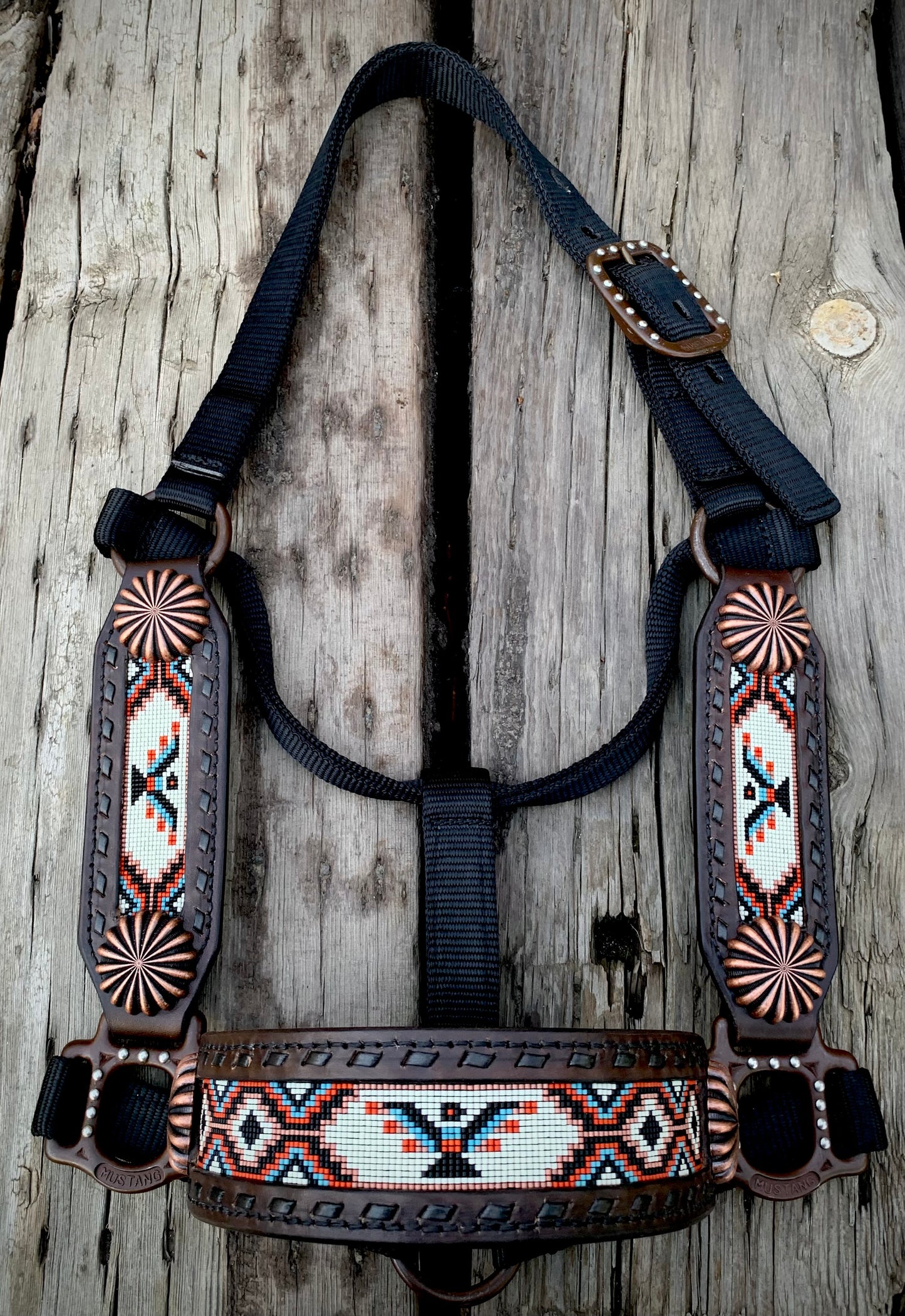 Beaded Horse Halter - Ready to Ship Today! Featuring Copper, Denim Blue, Rust Orange, Off White and Black Beads